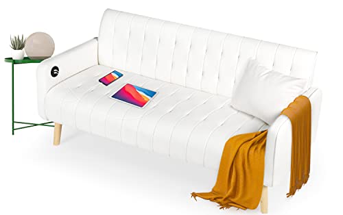 TYBOATLE 57“ W Mid-Century Striped PU Leather Loveseat Sofa w/ 2 USB Charging Ports, Modern Love Seats Couch w/Pillow for Small Space, Living Room, Office, Apartment, Dorm (White)