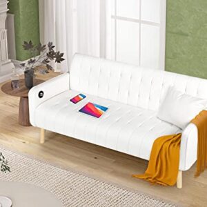 TYBOATLE 57“ W Mid-Century Striped PU Leather Loveseat Sofa w/ 2 USB Charging Ports, Modern Love Seats Couch w/Pillow for Small Space, Living Room, Office, Apartment, Dorm (White)