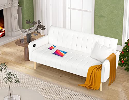 TYBOATLE 57“ W Mid-Century Striped PU Leather Loveseat Sofa w/ 2 USB Charging Ports, Modern Love Seats Couch w/Pillow for Small Space, Living Room, Office, Apartment, Dorm (White)