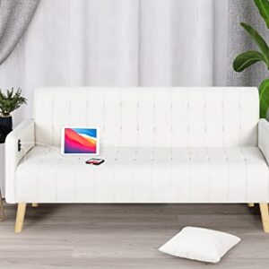 TYBOATLE 57“ W Mid-Century Striped PU Leather Loveseat Sofa w/ 2 USB Charging Ports, Modern Love Seats Couch w/Pillow for Small Space, Living Room, Office, Apartment, Dorm (White)