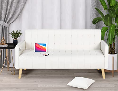 TYBOATLE 57“ W Mid-Century Striped PU Leather Loveseat Sofa w/ 2 USB Charging Ports, Modern Love Seats Couch w/Pillow for Small Space, Living Room, Office, Apartment, Dorm (White)