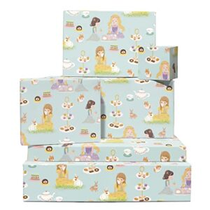 central 23 girls wrapping paper birthday - 6 sheets blue gift wrap - tea party - bunny - for daughter niece granddaughter - comes with fun stickers