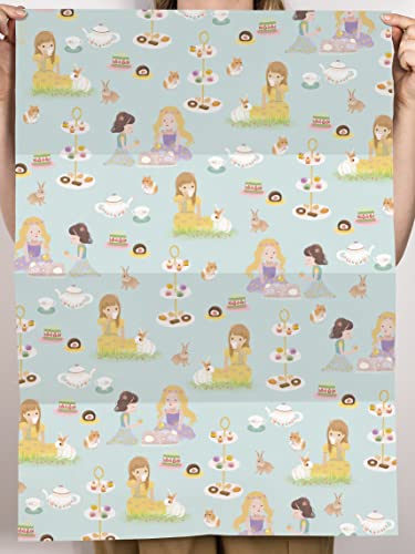 CENTRAL 23 Girls Wrapping Paper Birthday - 6 Sheets Blue Gift Wrap - Tea Party - Bunny - For Daughter Niece Granddaughter - Comes With Fun Stickers