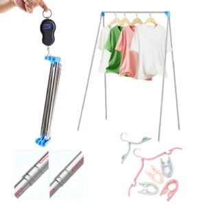 portable travel garment rack, upgraded easy folding mini drying clothes rack, retractable drying rack for laundry, travel, camping, hotel, dance + 4 folding coat hangers (longer & thicker)