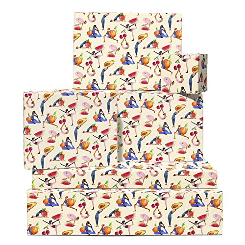 CENTRAL 23 Birthday Wrapping Paper For Women - 6 Sheets Thick Gift Wrap - Yoga Wrapping Paper - Fruits - Workout - Ladies - For Birthday Bridal Shower Anniversary - Comes With Fun Stickers