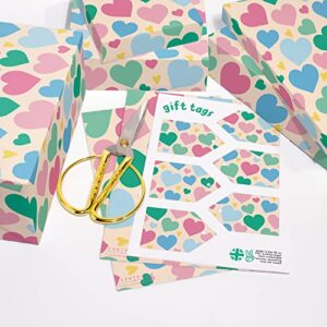 CENTRAL 23 Happy Birthday Wrapping Paper - 6 Sheets Heart Gift Wrap For Girls - Giftwrap For Anniversary Valentines - For Men And Women - Pink Green - Comes With Fun Stickers