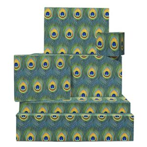 central 23 animal print wrapping paper - 6 sheets gift wrap - green wrapping paper - peacock feathers - birthday wrapping paper for women - comes with fun stickers