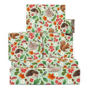 central 23 woodland creatures wrapping paper - 6 sheets thick gift wrap for birthday - baby shower wrapping paper girl or boy - comes with fun stickers