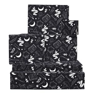 central 23 black wrapping paper - wizard symbols - 6 sheets thick gift wrap - halloween wrapping paper - comes with fun stickers