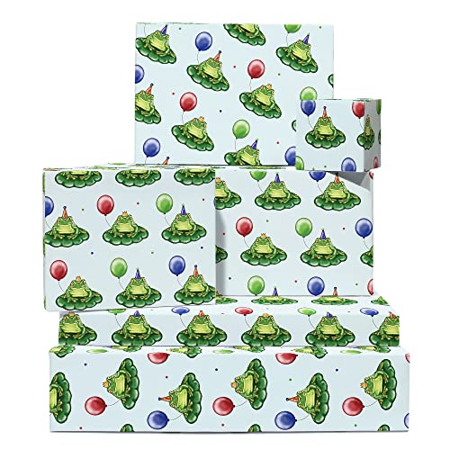 CENTRAL 23 Happy Birthday Wrapping Paper - Birthday Frog - 6 Sheets Green Gift Wrap - For Men And Women Boys Girls - Cute Wrapping Paper - Comes With Fun Stickers