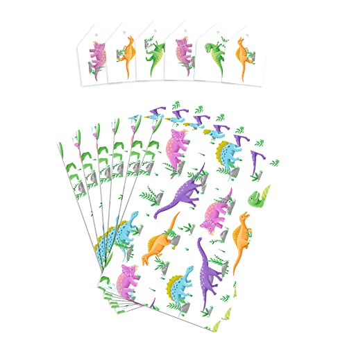 CENTRAL 23 Dinosaur Wrapping Paper Birthday Boy Girl - 6 White Gift Wrap - Cute Wrapping Paper For Kids - Pink Purple Orange Dinosaurs - Comes With Fun Stickers