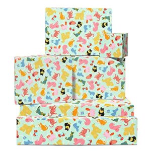 central 23 dog wrapping paper - cat birthday wrapping paper - 6 sheets gift wrap - vegan ink - green birthday gift wrap - pastel color - comes with cute stickers