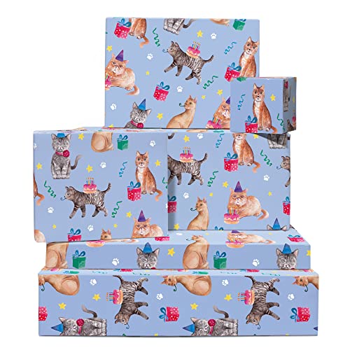 CENTRAL 23 Cat Wrapping Paper - 6 Sheets Blue Gift Wrap - Cat Themed Gifts For Girls - Cat Birthday Wrapping Paper For Pets - Cat Mom And Dad - Comes With Cute Stickers