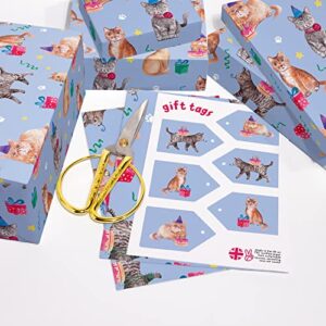 CENTRAL 23 Cat Wrapping Paper - 6 Sheets Blue Gift Wrap - Cat Themed Gifts For Girls - Cat Birthday Wrapping Paper For Pets - Cat Mom And Dad - Comes With Cute Stickers