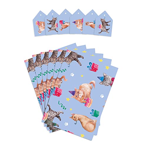 CENTRAL 23 Cat Wrapping Paper - 6 Sheets Blue Gift Wrap - Cat Themed Gifts For Girls - Cat Birthday Wrapping Paper For Pets - Cat Mom And Dad - Comes With Cute Stickers