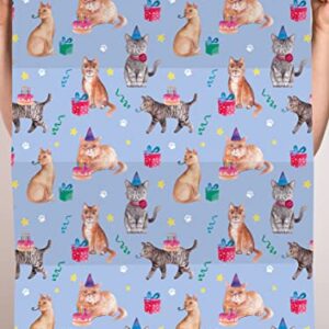 CENTRAL 23 Cat Wrapping Paper - 6 Sheets Blue Gift Wrap - Cat Themed Gifts For Girls - Cat Birthday Wrapping Paper For Pets - Cat Mom And Dad - Comes With Cute Stickers