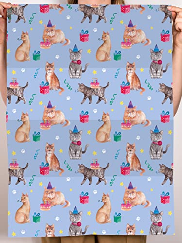 CENTRAL 23 Cat Wrapping Paper - 6 Sheets Blue Gift Wrap - Cat Themed Gifts For Girls - Cat Birthday Wrapping Paper For Pets - Cat Mom And Dad - Comes With Cute Stickers