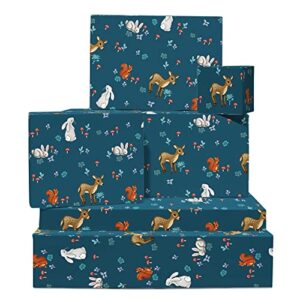 central 23 woodland creatures wrapping paper - blue wrapping paper - 6 sheets gift wrap for boys and girls - animals deer mushroom - comes with stickers