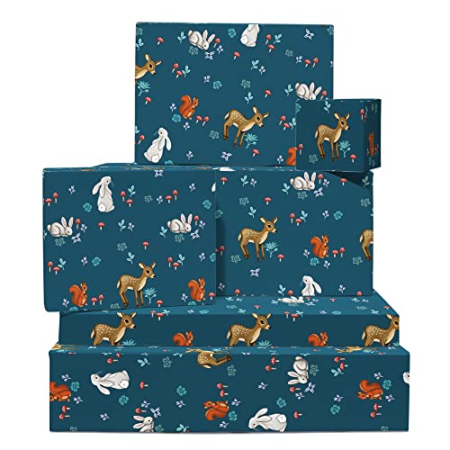 CENTRAL 23 Woodland Creatures Wrapping Paper - Blue Wrapping Paper - 6 Sheets Gift Wrap For Boys And Girls - Animals Deer Mushroom - Comes With Stickers