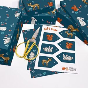 CENTRAL 23 Woodland Creatures Wrapping Paper - Blue Wrapping Paper - 6 Sheets Gift Wrap For Boys And Girls - Animals Deer Mushroom - Comes With Stickers