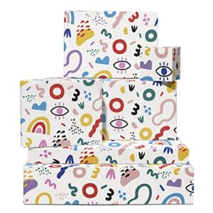 central 23 abstract gift wrapping paper - 6 sheets colorful gift wrap - y2k - teenager - doodles - white birthday wrapping paper for women men him her - comes with cute stickers