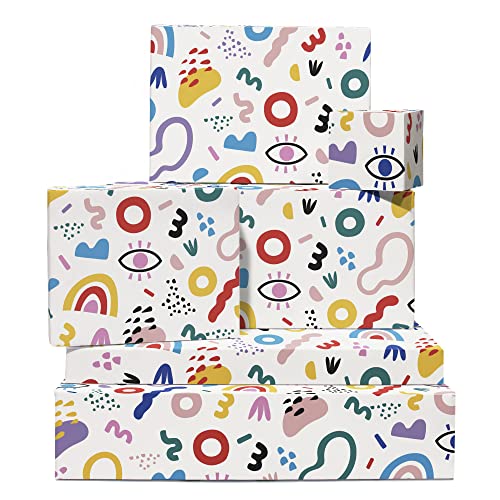 CENTRAL 23 Abstract Gift Wrapping Paper - 6 Sheets Colorful Gift Wrap - Y2k - Teenager - Doodles - White Birthday Wrapping Paper For Women Men Him Her - Comes With Cute Stickers