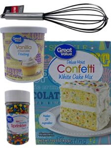 confetti cake or cupcake bundle set featuring great value deluxe moist confetti white cake mix, vanilla flavored frosting, confetti decorating sprinkles and a silicone coated whisk. bake up some colorful and tasty fun at a great value!