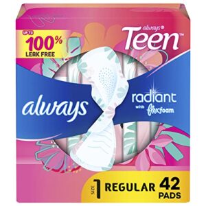 always radiant teen feminine pads for women, size 1 regular absorbency, with flexfoam, with wings, unscented, 42 count