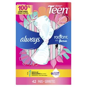 Always Radiant Teen Feminine Pads For Women, Size 1 Regular Absorbency, With Flexfoam, With Wings, Unscented, 42 Count