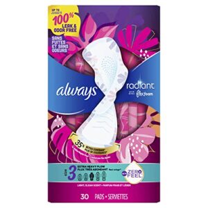 Always Radiant Feminine Pads For Women, Size 3 Extra Heavy Absorbency, With Flexfoam, With Wings, Light Clean Scent, 30 Count