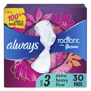 always radiant feminine pads for women, size 3 extra heavy absorbency, with flexfoam, with wings, light clean scent, 30 count
