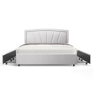 bonsoir king size storage bed frame upholstered low profile traditional platform with tufted and nail headboard/no box spring needed/4 pull out drawers/light grey linen fabric (king size)