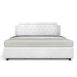 BONSOIR King Size Storage Bed Frame Upholstered Low Profile Traditional Platform with Tufted and Nail Headboard/4 Pull Out Drawers/White Faux Leather