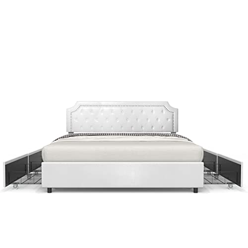 BONSOIR King Size Storage Bed Frame Upholstered Low Profile Traditional Platform with Tufted and Nail Headboard/4 Pull Out Drawers/White Faux Leather