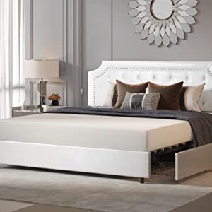 BONSOIR King Size Storage Bed Frame Upholstered Low Profile Traditional Platform with Tufted and Nail Headboard/4 Pull Out Drawers/White Faux Leather