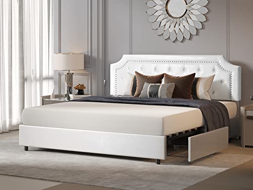 BONSOIR King Size Storage Bed Frame Upholstered Low Profile Traditional Platform with Tufted and Nail Headboard/4 Pull Out Drawers/White Faux Leather