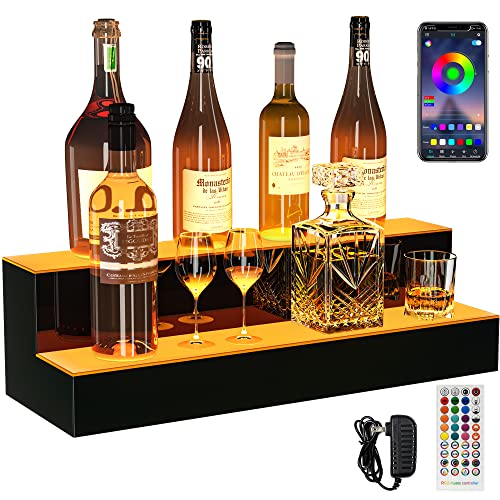 YITAHOME LED Lighted Liquor Bottle Display Shelf, 2-Step 24-inch Bar Liquor Alcohol Shelf for Home Counter Party, Acrylic Mounted Whiskey Rack Stand with Remote & App Control