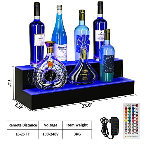 YITAHOME LED Lighted Liquor Bottle Display Shelf, 2-Step 24-inch Bar Liquor Alcohol Shelf for Home Counter Party, Acrylic Mounted Whiskey Rack Stand with Remote & App Control