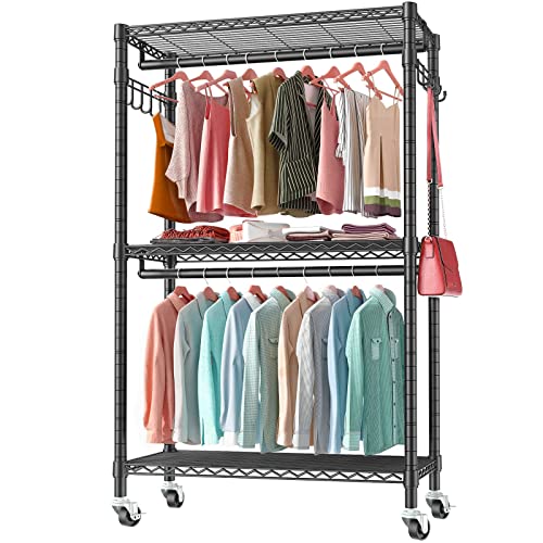 Heavy Duty Clothes Rack 3 Tiers Adjustable Wire Storage Shelves, Portable Clothing Rack with Double Rods and 4 Lockable Wheels, Freestanding Garment Racks with Hanging Hooks, Large Capacity, Black