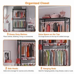 Heavy Duty Clothes Rack 3 Tiers Adjustable Wire Storage Shelves, Portable Clothing Rack with Double Rods and 4 Lockable Wheels, Freestanding Garment Racks with Hanging Hooks, Large Capacity, Black