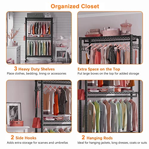 Heavy Duty Clothes Rack 3 Tiers Adjustable Wire Storage Shelves, Portable Clothing Rack with Double Rods and 4 Lockable Wheels, Freestanding Garment Racks with Hanging Hooks, Large Capacity, Black