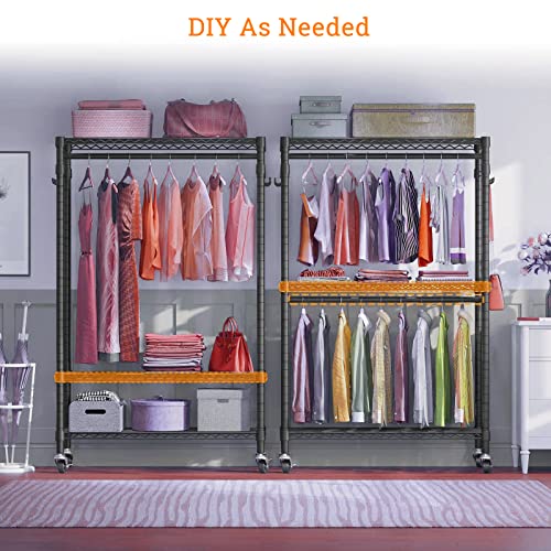 Heavy Duty Clothes Rack 3 Tiers Adjustable Wire Storage Shelves, Portable Clothing Rack with Double Rods and 4 Lockable Wheels, Freestanding Garment Racks with Hanging Hooks, Large Capacity, Black