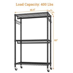 Heavy Duty Clothes Rack 3 Tiers Adjustable Wire Storage Shelves, Portable Clothing Rack with Double Rods and 4 Lockable Wheels, Freestanding Garment Racks with Hanging Hooks, Large Capacity, Black