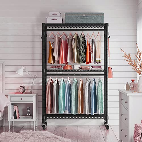 Heavy Duty Clothes Rack 3 Tiers Adjustable Wire Storage Shelves, Portable Clothing Rack with Double Rods and 4 Lockable Wheels, Freestanding Garment Racks with Hanging Hooks, Large Capacity, Black