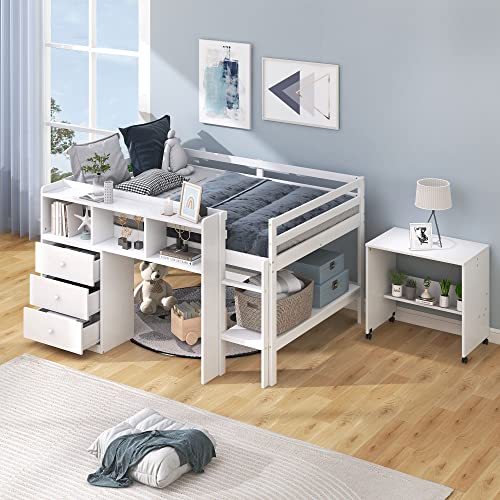 VilroCaz Full Size Low Loft Bed with Rolling Portable Desk and Drawers, Multiple Functions Wood Loft Bed Frame with Storage Shelves for Kids Teens, Sturdy Slats Support (White-Full)