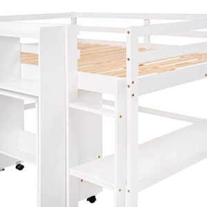 VilroCaz Full Size Low Loft Bed with Rolling Portable Desk and Drawers, Multiple Functions Wood Loft Bed Frame with Storage Shelves for Kids Teens, Sturdy Slats Support (White-Full)