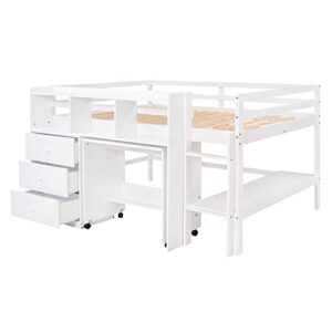 VilroCaz Full Size Low Loft Bed with Rolling Portable Desk and Drawers, Multiple Functions Wood Loft Bed Frame with Storage Shelves for Kids Teens, Sturdy Slats Support (White-Full)