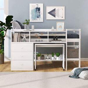 VilroCaz Full Size Low Loft Bed with Rolling Portable Desk and Drawers, Multiple Functions Wood Loft Bed Frame with Storage Shelves for Kids Teens, Sturdy Slats Support (White-Full)