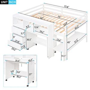 VilroCaz Full Size Low Loft Bed with Rolling Portable Desk and Drawers, Multiple Functions Wood Loft Bed Frame with Storage Shelves for Kids Teens, Sturdy Slats Support (White-Full)