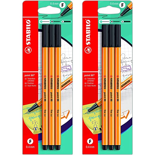 STABILO Fineliner point 88 - Black Ink Fineliner Pen - 2 x Blister Packs of 3-6 Pens